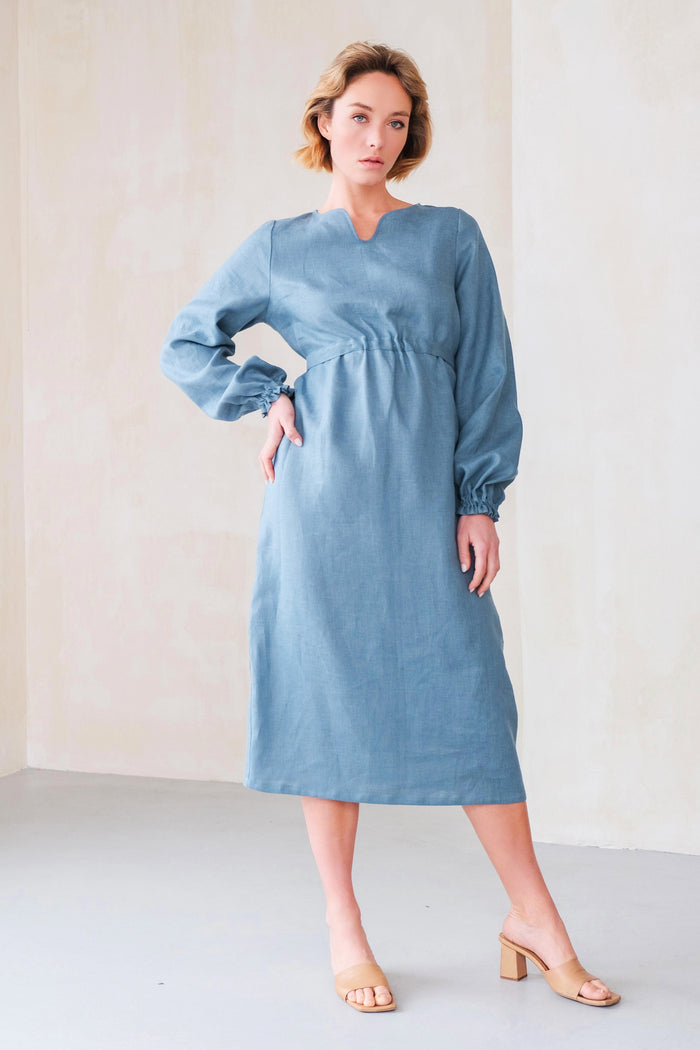 Long-Sleeve Linen Dress LORA in Blue grey