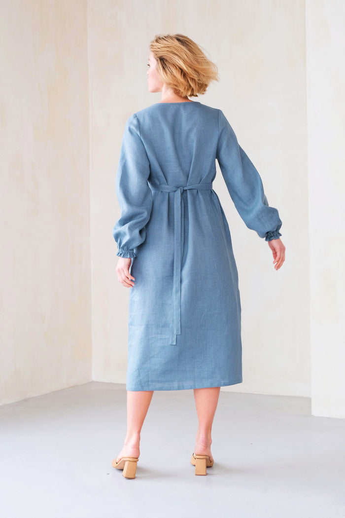 Long-Sleeve Linen Dress LORA in Blue grey