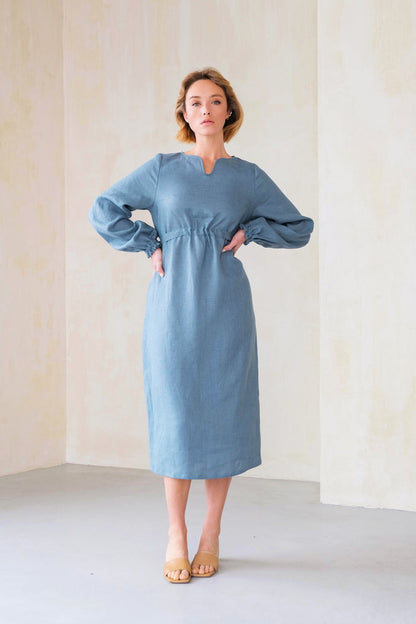 Long-Sleeve Linen Dress LORA in Blue grey
