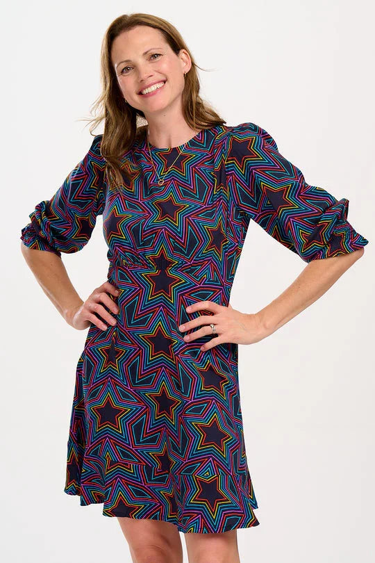 Lorelei Mini Dress (Black, Rainbow Star Explosion)