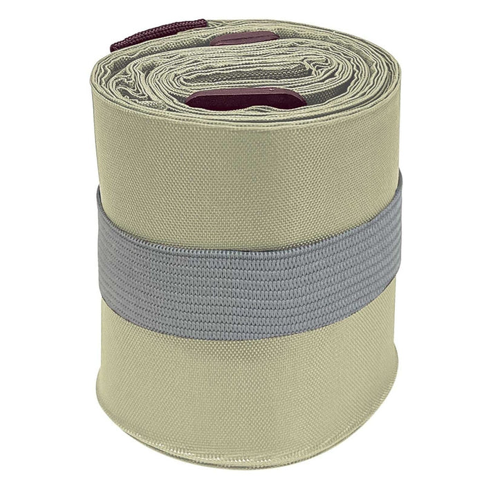 Roll of beige duffle bag with a grey strap on a white background