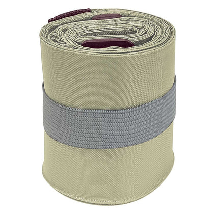 Roll of beige duffle bag with a grey strap on a white background
