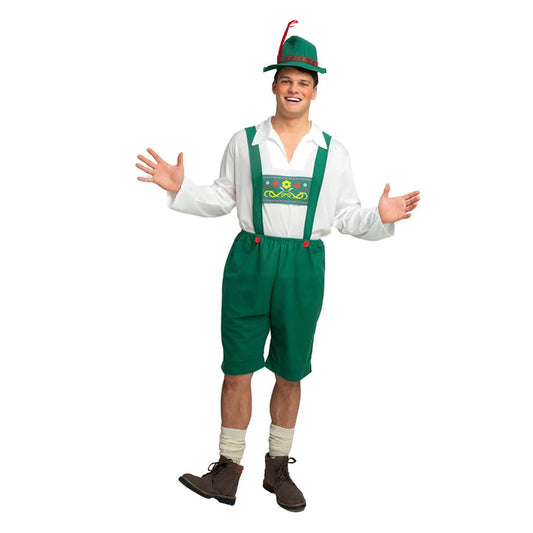 Person wearing a green lederhosen outfit with a white shirt and Bavarian hat with feather