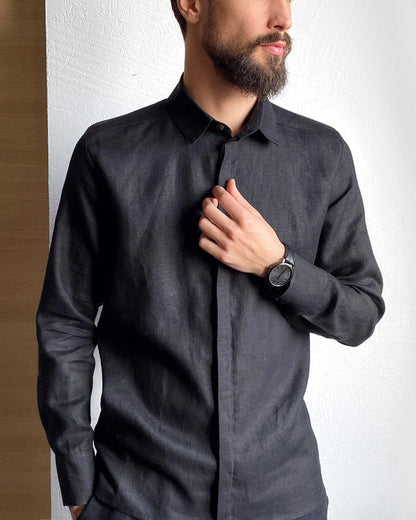 Men’s Classic Collar Linen Shirt HOLLY in Black
