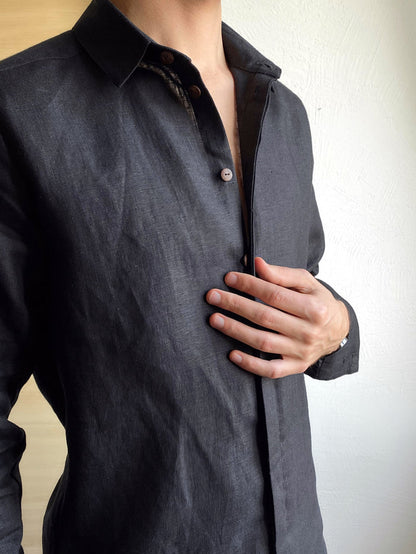 Men’s Classic Collar Linen Shirt HOLLY in Black