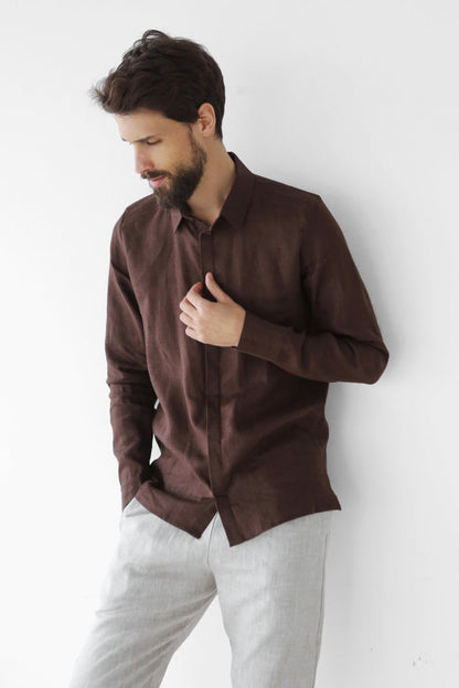 Men’s Classic Collar Linen Shirt HOLLY in Brown