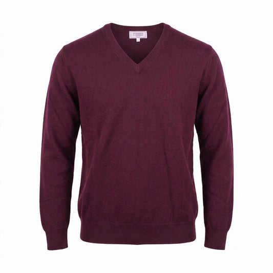Men's Dunedin Cashmere 100% Cashmere V Neck Jumper - Bordeaux - Heritage Of Scotland - XS