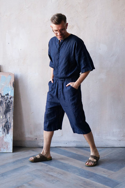 Mens Linen Jumpsuit Canna in Dark Blue