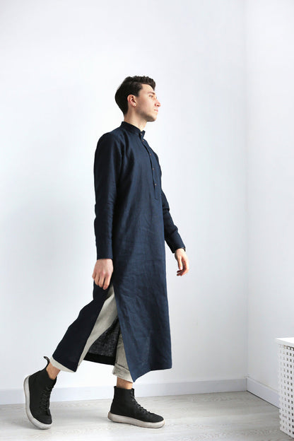 Men’s Long Linen Shirt, Kaftan CYPRESS in Dark blue