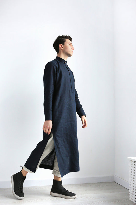 Men’s Long Linen Shirt, Kaftan CYPRESS in Dark blue