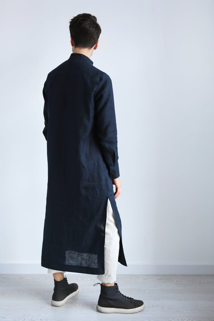 Men’s Long Linen Shirt, Kaftan CYPRESS in Dark blue