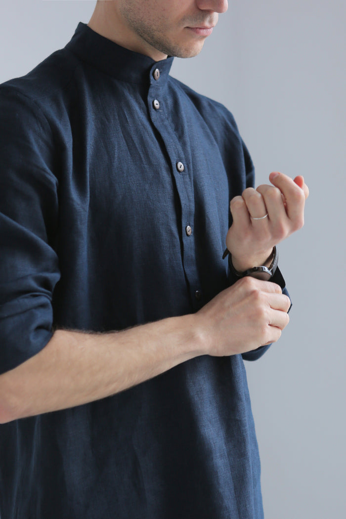 Men’s Long Linen Shirt, Kaftan CYPRESS in Dark blue