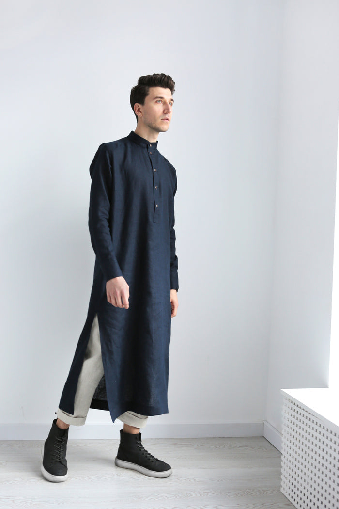 Men’s Long Linen Shirt, Kaftan CYPRESS in Dark blue