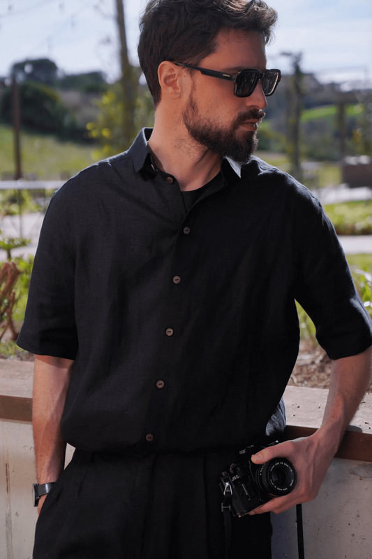 Men’s short sleeve linen shirt GARNET in Black