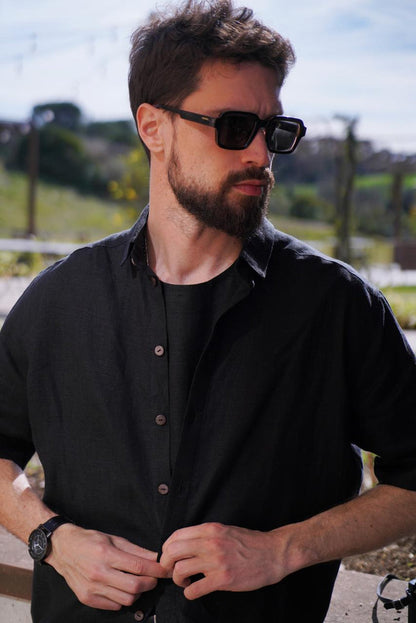 Men’s short sleeve linen shirt GARNET in Black