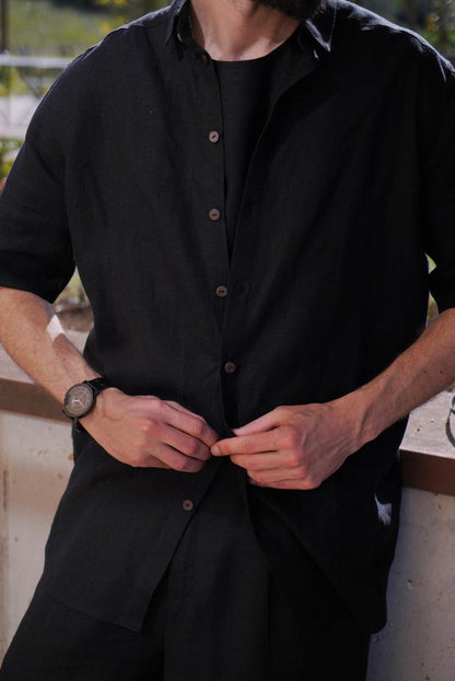 Men’s short sleeve linen shirt GARNET in Black
