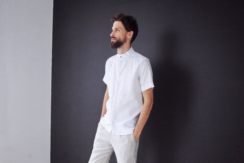 Men’s Short-Sleeved Linen Shirt OLIVE in White