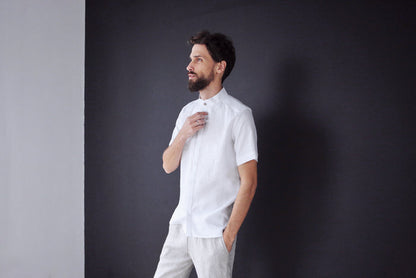 Men’s Short-Sleeved Linen Shirt OLIVE in White