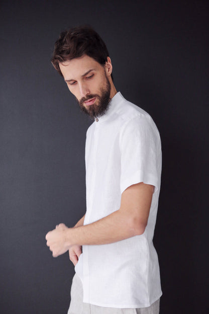 Men’s Short-Sleeved Linen Shirt OLIVE in White