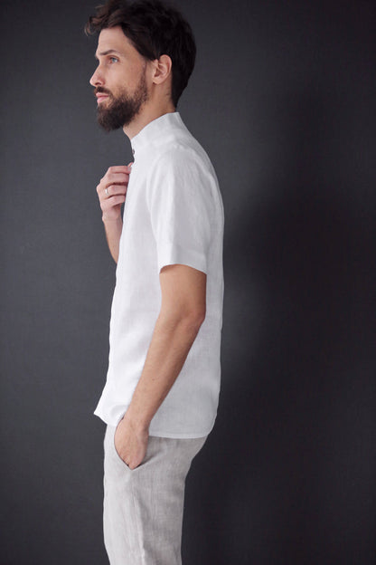 Men’s Short-Sleeved Linen Shirt OLIVE in White