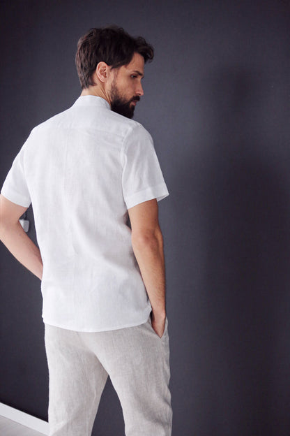 Men’s Short-Sleeved Linen Shirt OLIVE in White