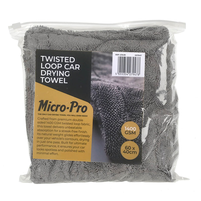 Large grey twisted loop car drying towel in pack