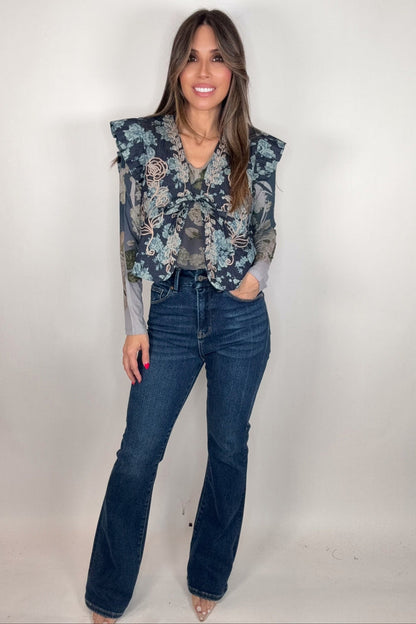 Style the Midnight Indigo Floral Quilted Embroidered Vest exclusively at Born To Glam