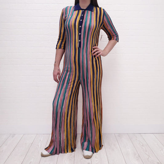 MISSONI MULTI-COLOUR STRIPE KNIT POLO JUMPSUIT - SIZE 46