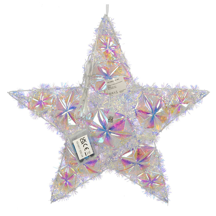 Back of a Christmas star decoration with Battery pack and USB cable