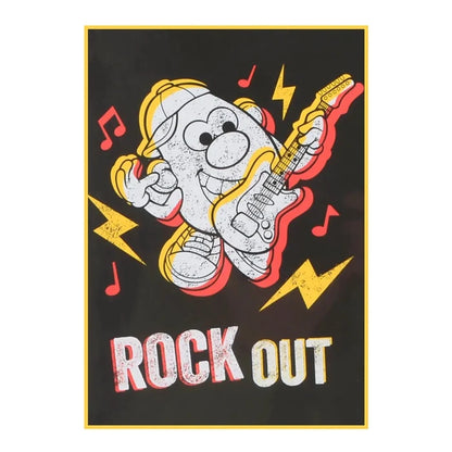 Mr Potato Head playing an electric guitar with music notes and lightning flashes
