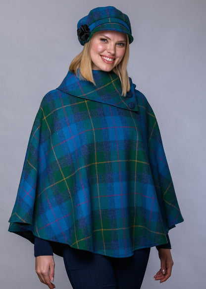 Mucros Poncho | Luxury Wool Tweed | Green Blue Check