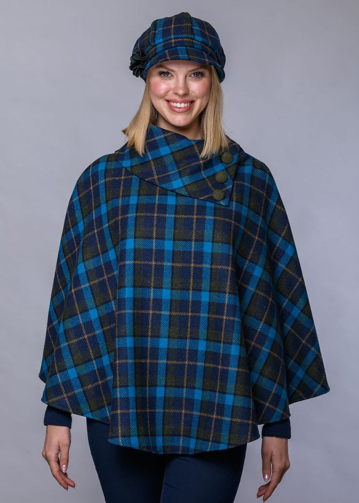 Mucros Poncho | Premium Wool Tweed | Navy Blue Check