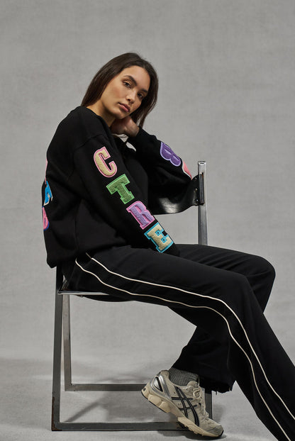 MULTIBADGED CHENILLE SWEATSHIRT - BLACK