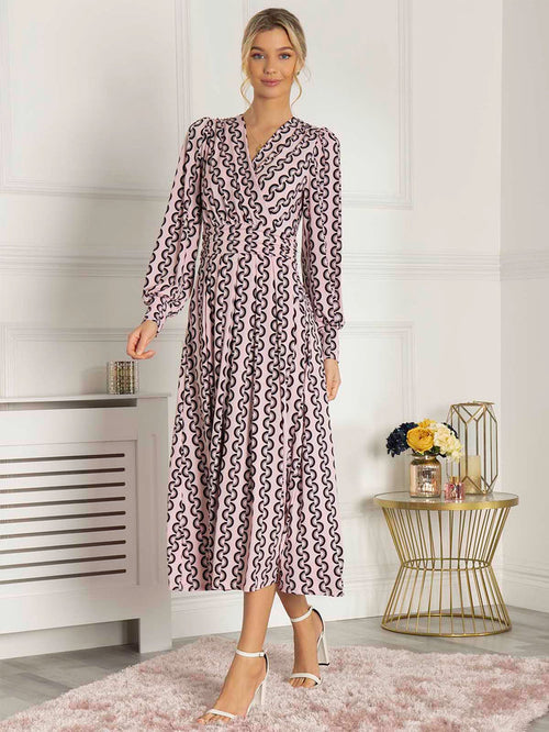 NANCY LONG SLEEVE MAXI DRESS (PINK GEO)