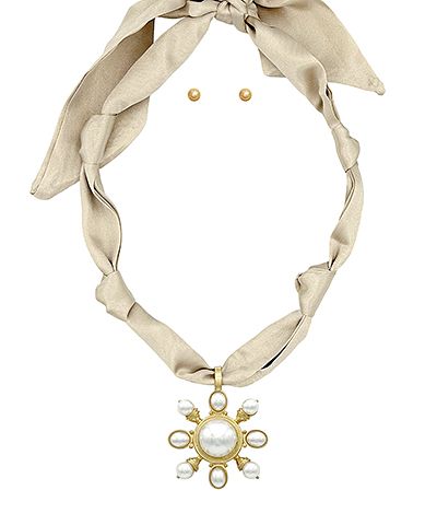 Neutral scarf necklace with pearl charm and matching gold stud earrings