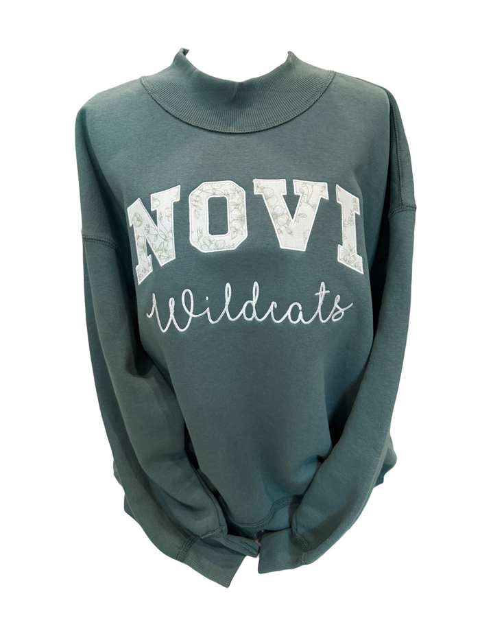 NOVI green and ivory floral applique mockneck