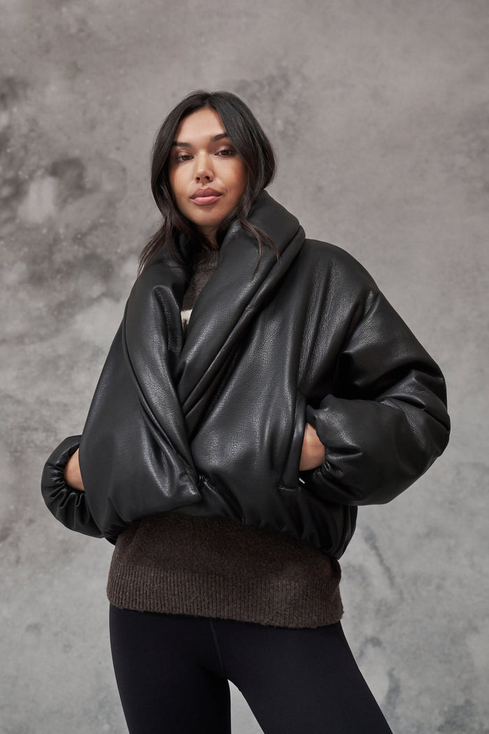 OVERSIZED COLLAR FAUX LEATHER PUFFER COAT - BLACK