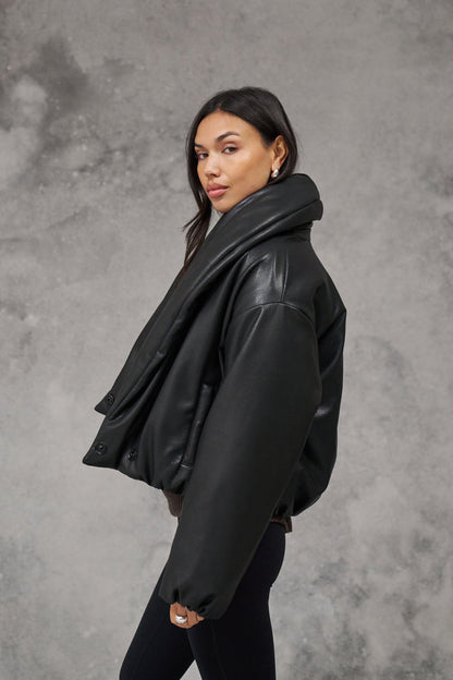OVERSIZED COLLAR FAUX LEATHER PUFFER COAT - BLACK