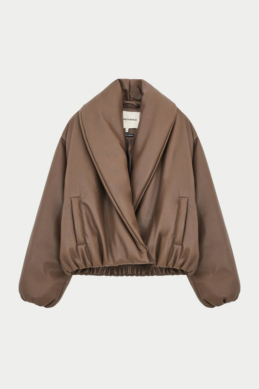 OVERSIZED COLLAR FAUX LEATHER PUFFER COAT - BROWN