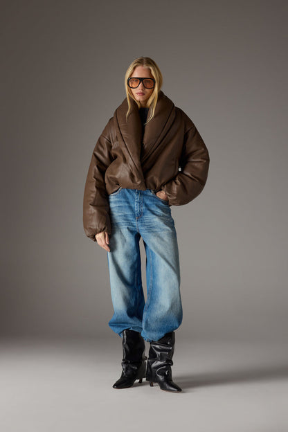 OVERSIZED COLLAR FAUX LEATHER PUFFER COAT - BROWN