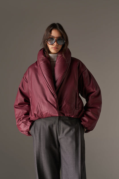 OVERSIZED COLLAR FAUX LEATHER PUFFER COAT - BURGUNDY