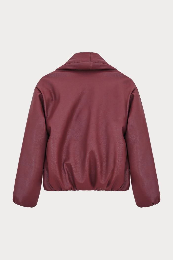OVERSIZED COLLAR FAUX LEATHER PUFFER COAT - BURGUNDY