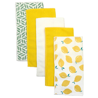 5 cleaning cloths with lemon pattern, leaf design, plain yellow and white