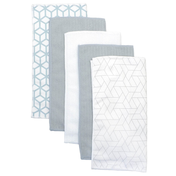 5 cleaning cloths with grey and light blue geometric pattern and plain colours