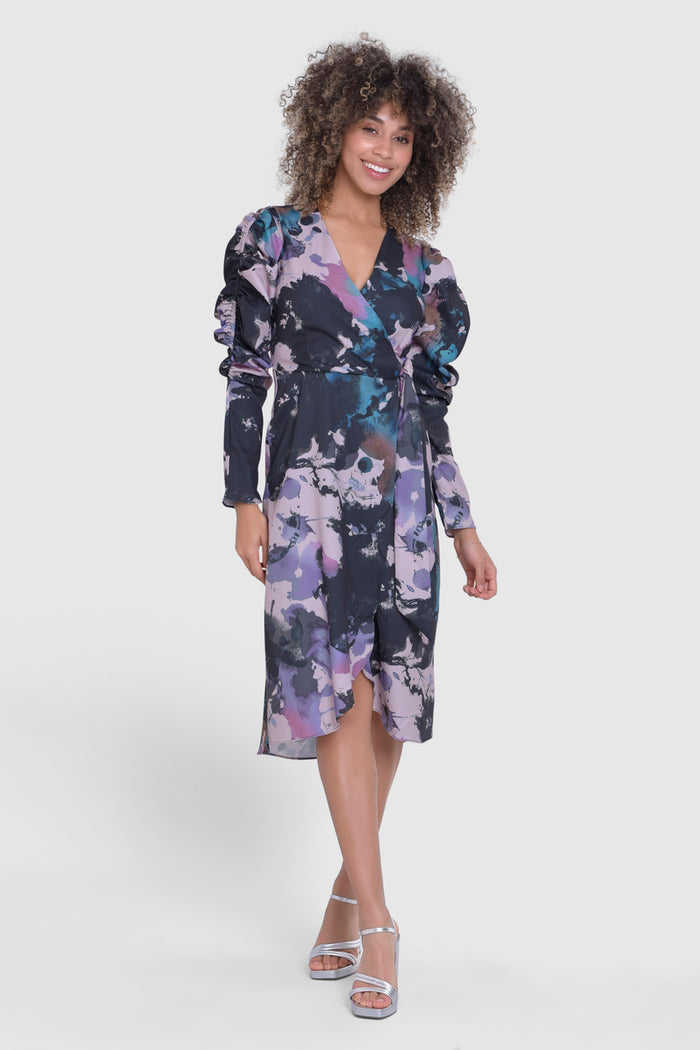 Paula Puff Sleeve Midi Dress (Black)