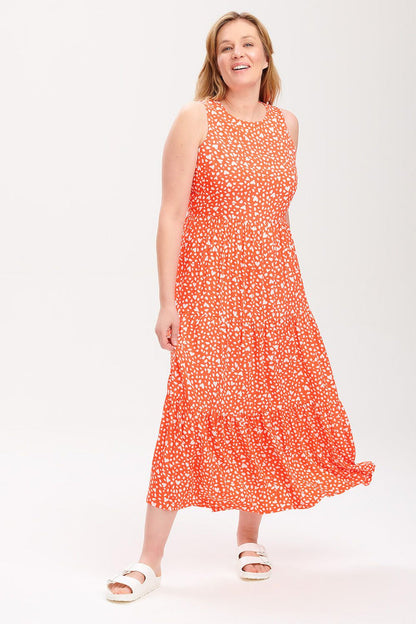 Perla Maxi Tiered Sundress- Animal Love Heart (Coral)