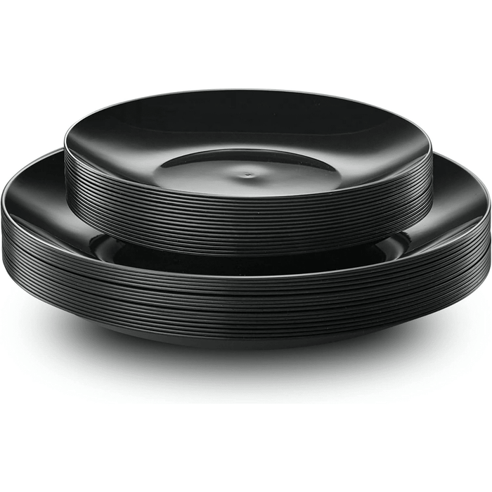 Plastic Plates Disposable Dinnerware Set - Black & Silver Rim 32-Pack - Wichita Home Outlet