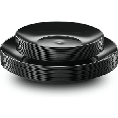 Plastic Plates Disposable Dinnerware Set - Black & Silver Rim 32-Pack - Wichita Home Outlet