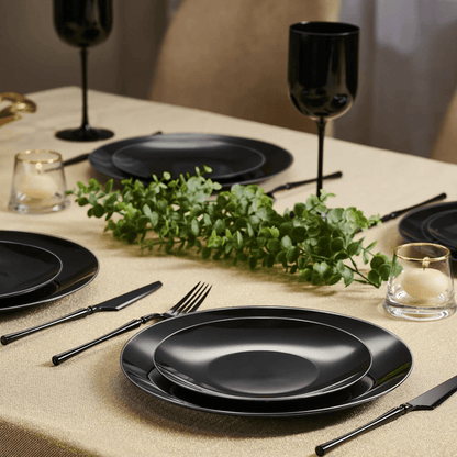 Plastic Plates Disposable Dinnerware Set - Black & Silver Rim 32-Pack - Wichita Home Outlet