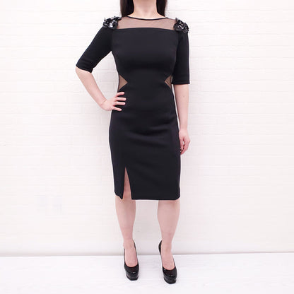 PRABAL GURUNG BLACK DRESS WITH MESH AND SEQUIN DETAIL - SIZE 6